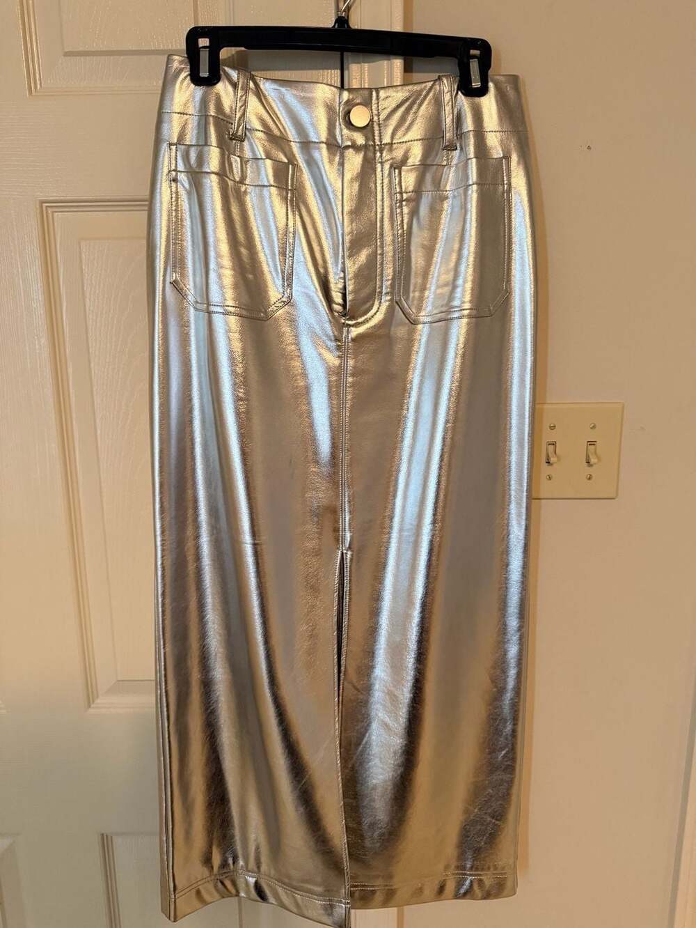 By Anthropologie Faux Leather Maxi Skirt Size M Silver Metallic